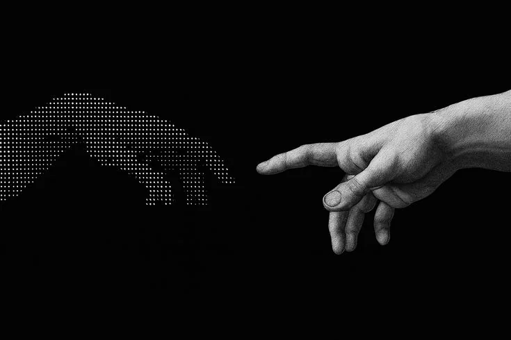 Una mano humana y una mano digital se acercan, uniendo tecnología y conexión humana.
