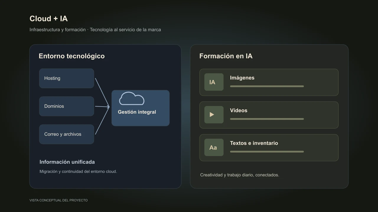 Vista visual de Migración cloud e IA para moda de lujo
