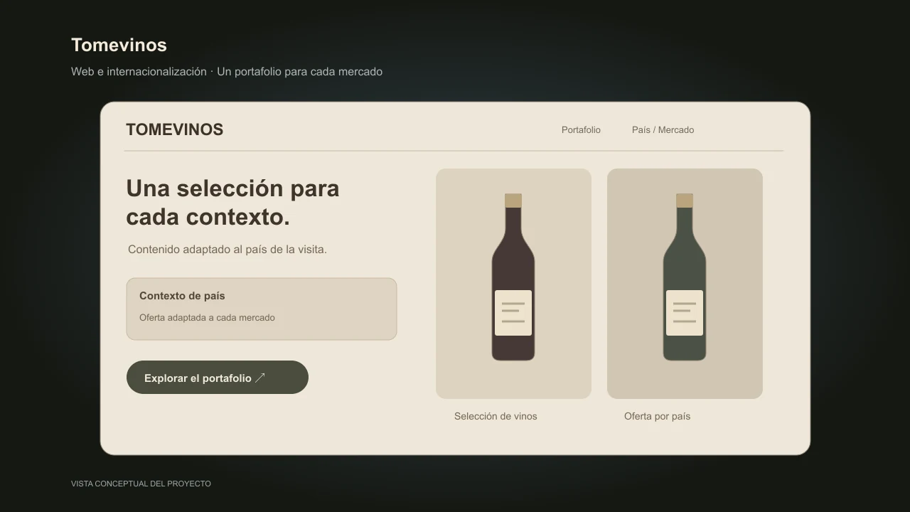 Vista visual de Portafolio web internacional para Tomevinos
